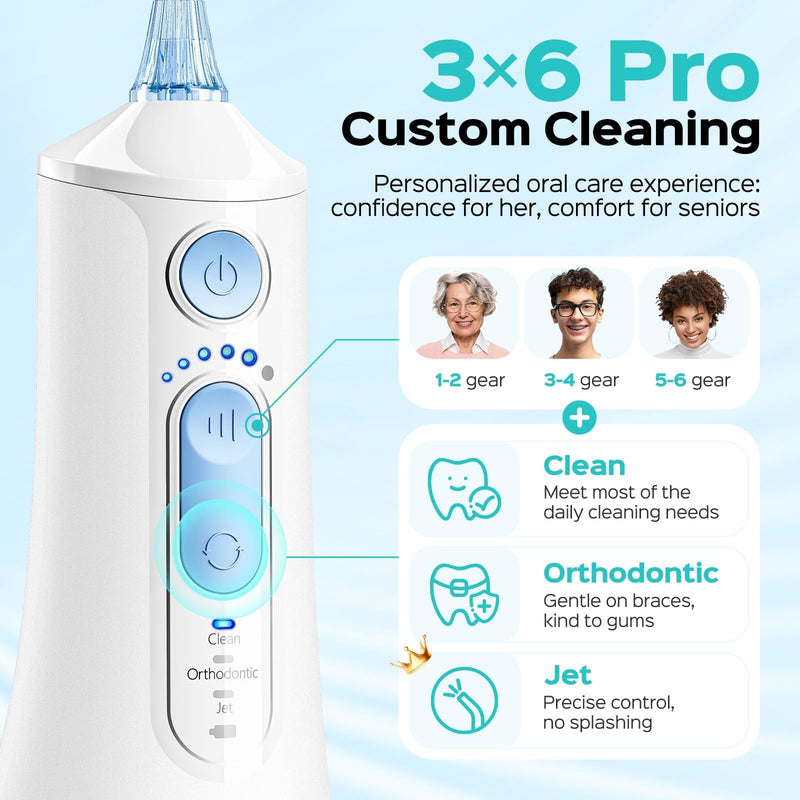 COSLUS C51 Portable Water Flosser for Teeth: 3 Modes & 6 Pressure Settings with Jet Mode Water Dental Pick for Orthodontic, Braces, Sensitive Gums, Compact for Travel, 300ML for Multiple Users, White Arctic White