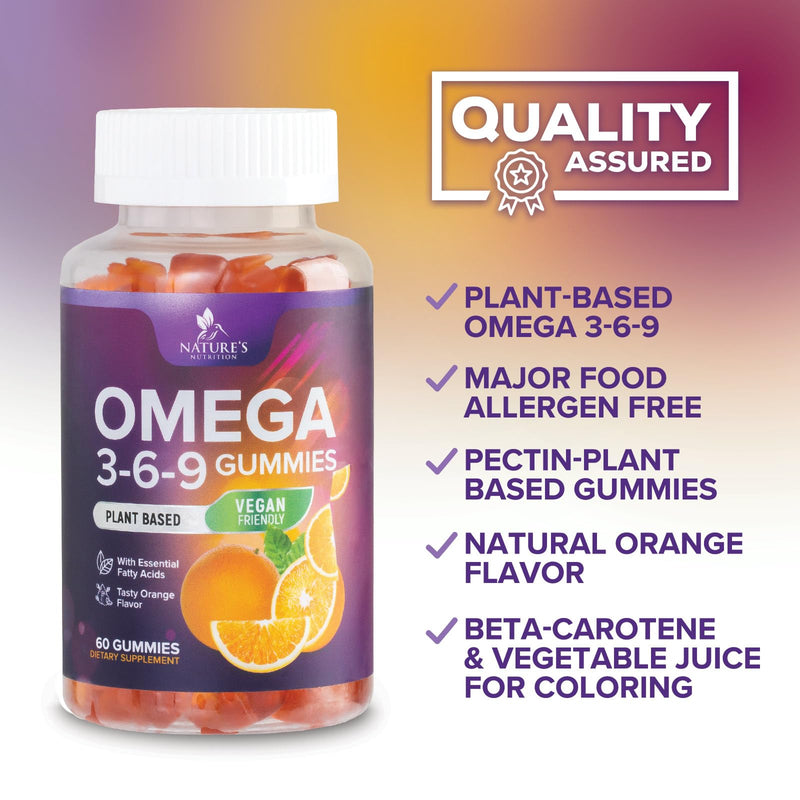 Omega 3 6 9 Gummies - Vegan Omega 3 Supplement Gummy - Essential Fatty Acids Oil 369 Complex Heart Support & Brain Support for Women, Men & Pregnancy, Fish Free Non-GMO, Orange Flavored - 60 Gummies 60 Count (Pack of 1)