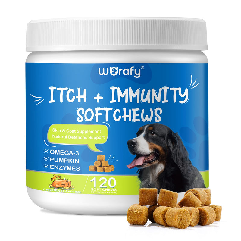Itch and Immunity Treats for Dogs, Dog Itchy Skin Relief, Helps Soothe Itchy Skin, Paws, Ears - Licking, Scratching for All Breeds and Sizes, 120 SoftChews - Chicken Flavor