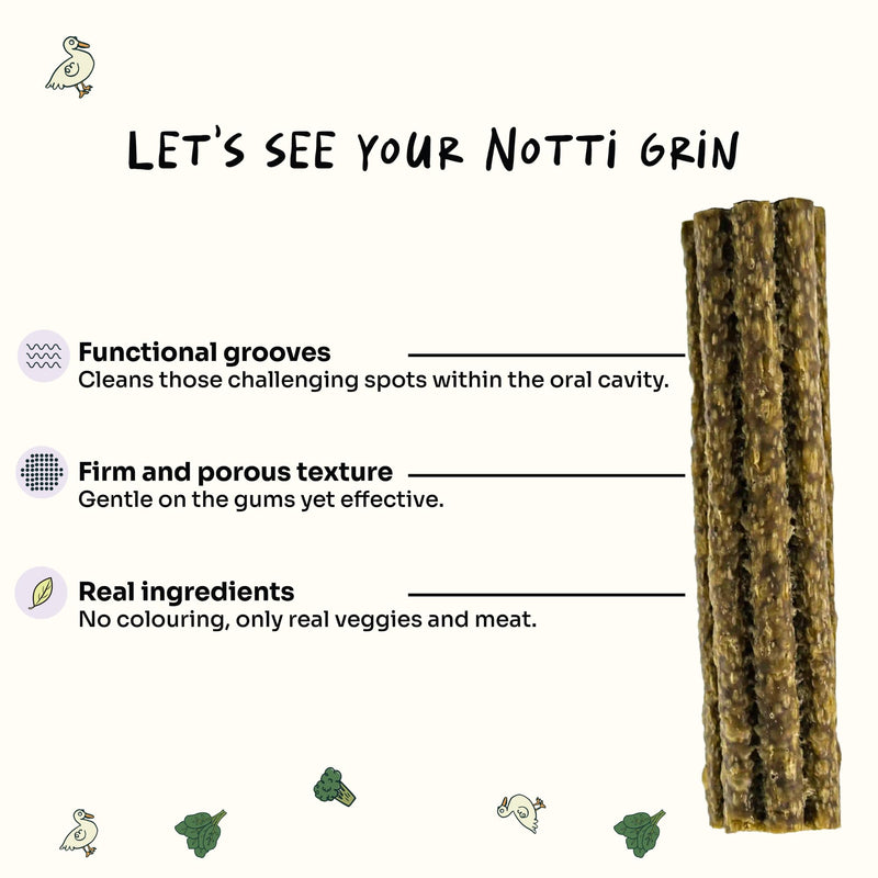Notti Dental Chews for Medium to Large Breed Dogs – Plaque & Tartar Control Dental Stick, Teeth Cleaning Oral Care Treats, Fresh Breath & Healthy Gums – Duck, Spinach & Broccoli