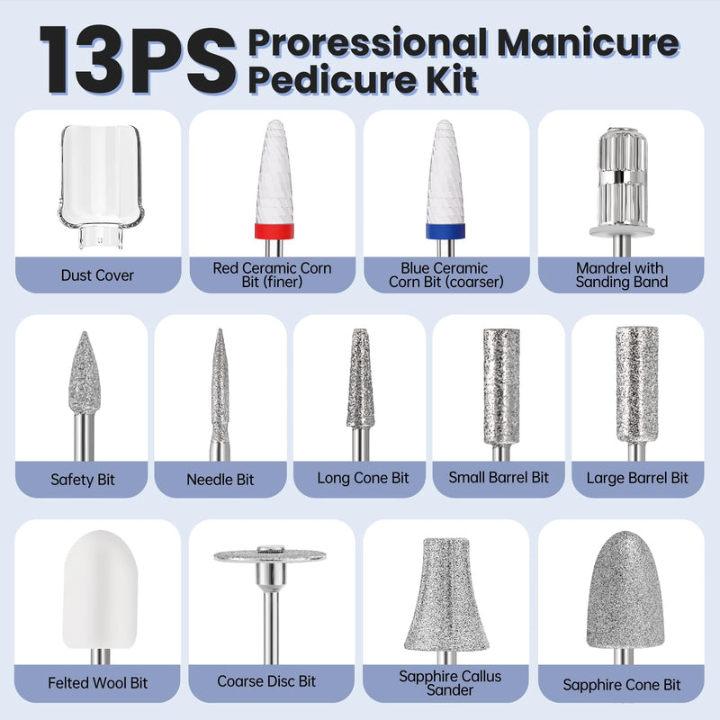 Electric Nail Drill, Cordless 2000 mAh Rechargeable Portable Nail File 12 in 1 Kit for Thick Toenails, 10 Speeds Nail Dril Machine Professional Manicure Pedicure for Hand Natural Nails Care (Grey) Grey - BeesActive Australia
