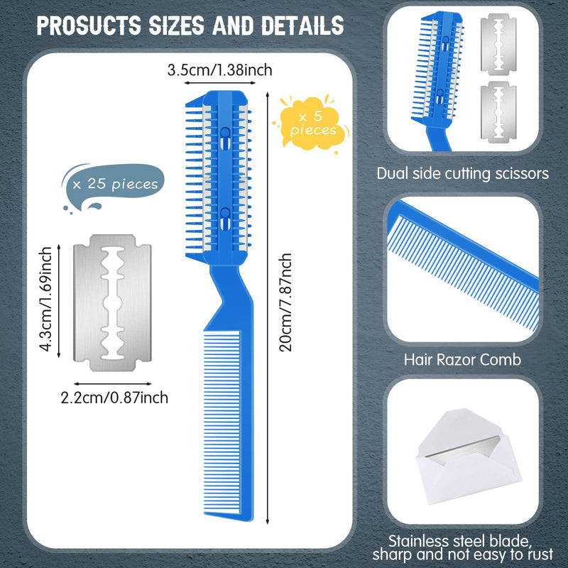 Yinkin 5 Pieces Razor Comb for Dogs Hair Grooming Trimmer Comb for Pet Razor Comb with 25 Extra Blades Manual Dog Hair Trimmer Comb Double Edge Razor for Dogs(Blue) Blue - BeesActive Australia