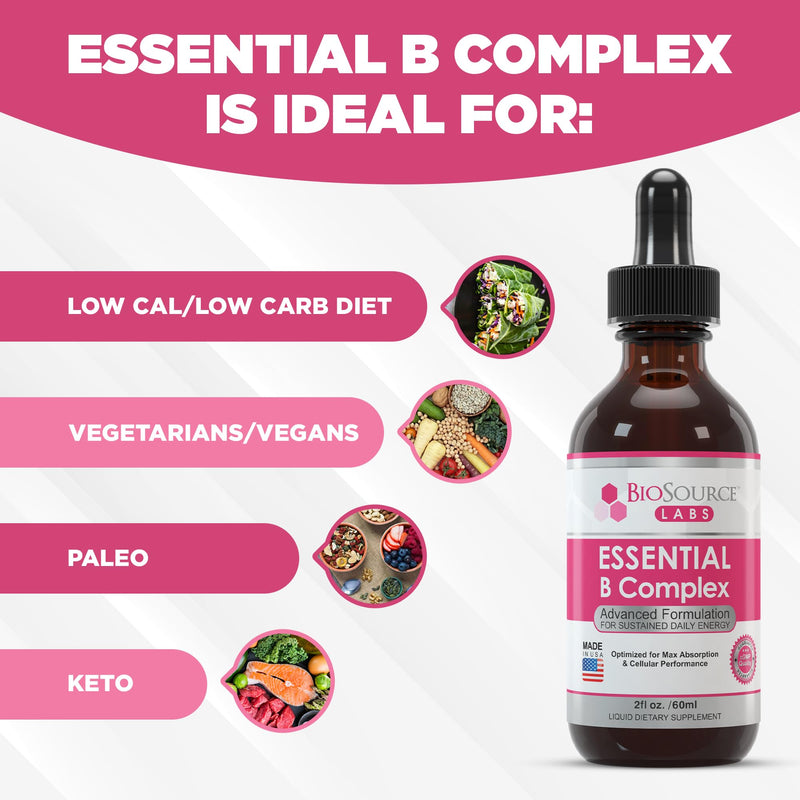 BioSource Labs Essential B Complex Liquid Drops, Methyl B12, 60-Day Supply | Vegan sublingual vitamin B-complex with methyl B12 in a 2 fl oz (60 mL) bottle, designed as a 60-day supply
