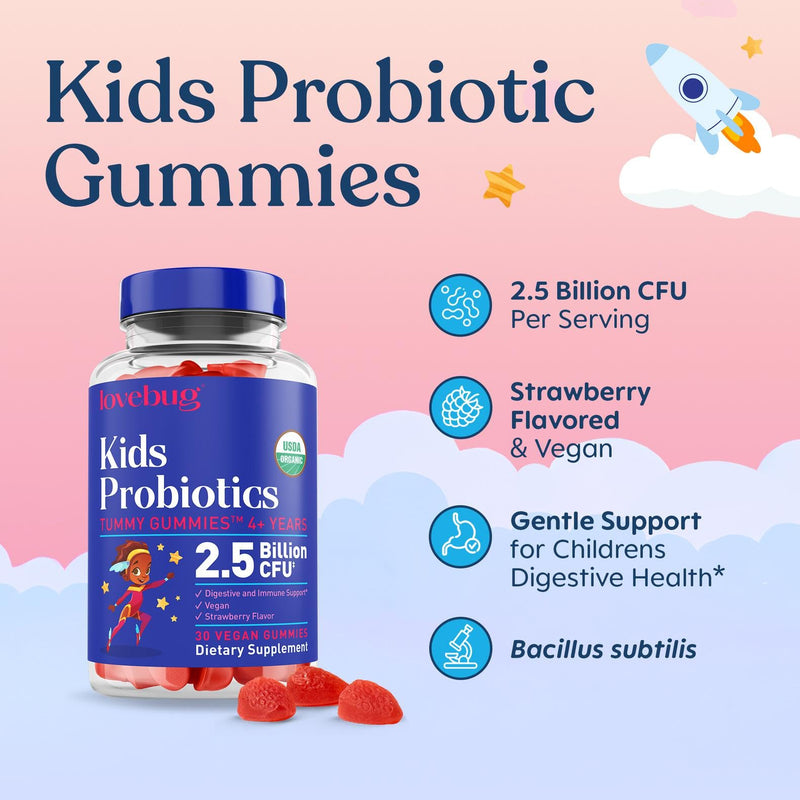 LOVEBUG Kids Probiotic Gummies – Organic Chewable Probiotics for Kids Aged 4+, Soil-Based Children’s Probiotic for Gut Health, Constipation, Digestive & Immune Support, Vegan, 60 Chews, Strawberry 30 Count (Pack of 2)