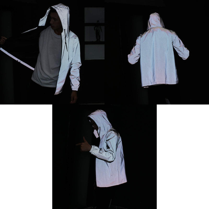 LZLRUN Reflective Jacket Casual Hiphop Windbreaker Night Sporting Coat Hooded Fluorescent Clothing Medium Grey