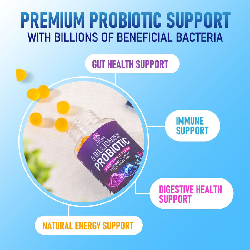 Probiotic Gummies - 6 Premium Probiotic Strains - Daily Gut Health Pro Biotic Gummy Supplement for Women, Men & Teens, Natural Digestive Health Support, “Good” Gut & Immune Support - 60 Gummies 60 Count (Pack of 1)