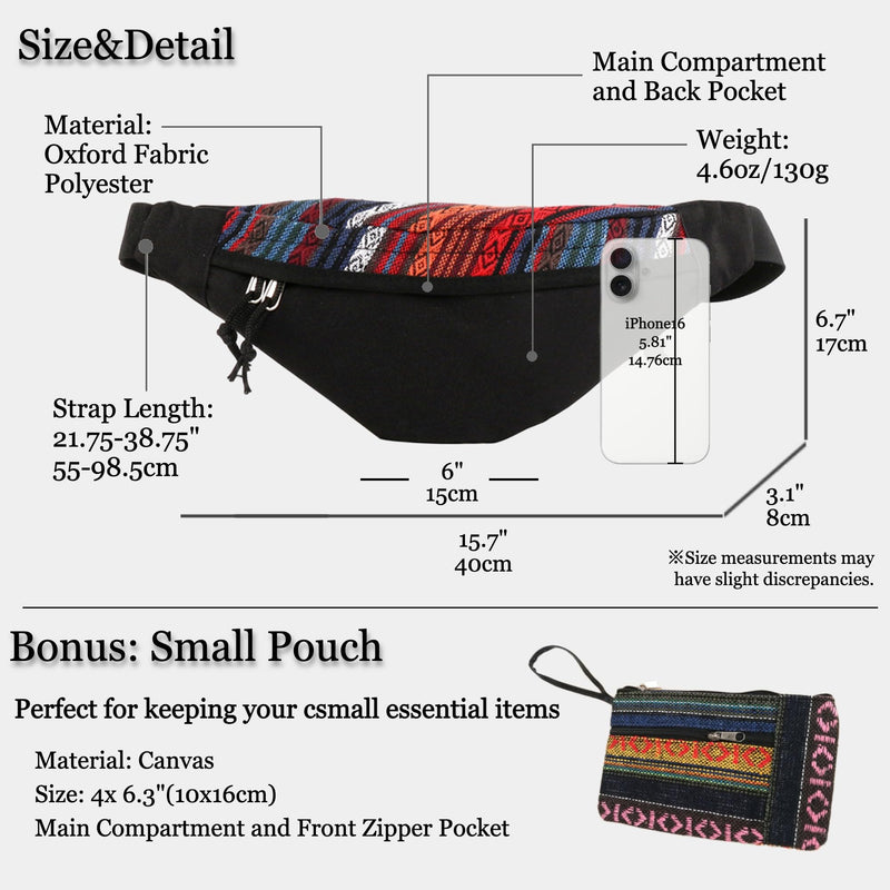 Ethnic Canvas Fanny Pack for Men and Women – Unisex Boho Bum Waist Bags with Zipper Pockets, Hands-Free Sling Crossbody Purse Adjustable Strap Travel Streetwear Hiking Camping Shopping Outdoor (Black) Black