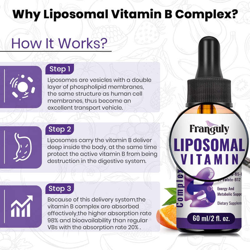 Liposomal Vitamin B Complex Liquid Sublingual B Complex Vitamins Supplement for Women Men Improved Absorption Methylated B12,B1, B2, B3, B5, B6,Folate,Biotin for Energy And Immune Support-4.0 oz 2 Fl Oz (Pack of 2)