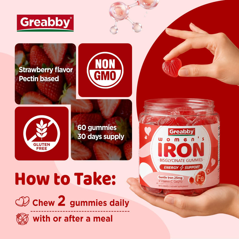 Iron Bisglycinate with Vitamin C for Women, Ferrous Bisglycinate Gummies | Ferrous Bisglycinate with Vitamin C, CoQ10, Gentle Iron Supplement for Energy Support, High Absorption, Sugar Free 60 ct 1