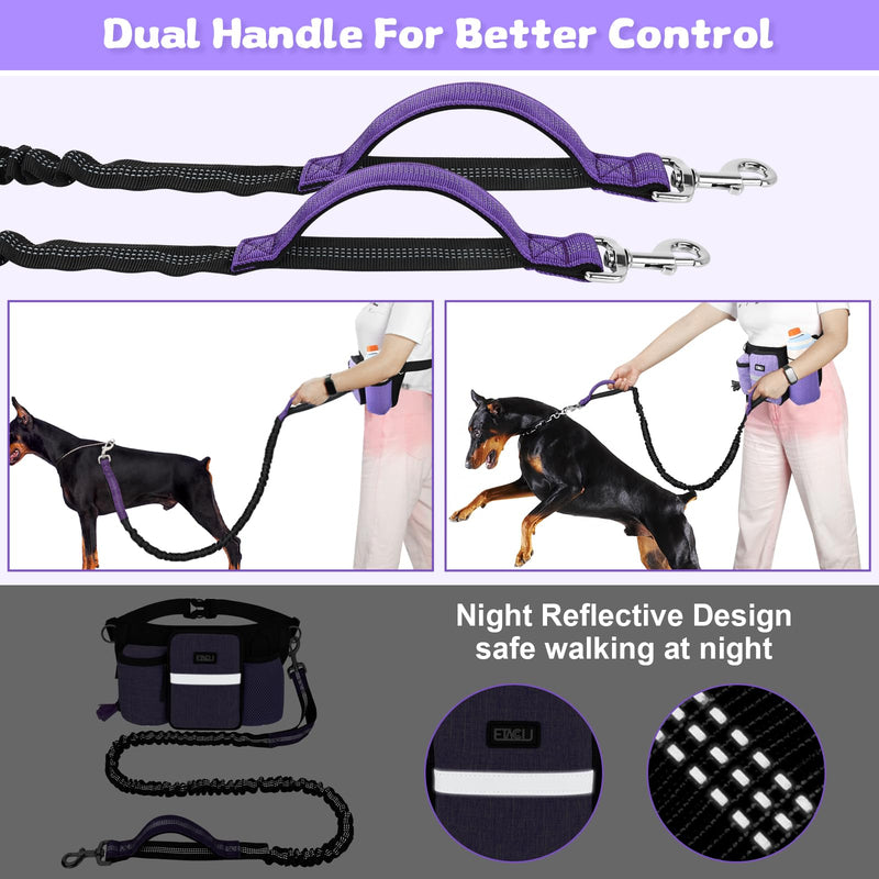 ETACCU Heavy Duty Hands Free Dog Leash with Zipper Pouch Waist Belt for Large Medium Dogs for Running, Walking, Jogging and Hiking, Dual Padded Handles and Durable Bungee (1 Dog Purple) 1 Dog Purple - BeesActive Australia