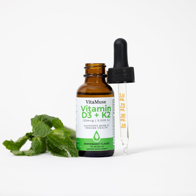 Vitamin D3 + K2 Drops, 5000 IU D3, 100 mcg K2 MK-7, Peppermint Flavor, Liquid Tincture with Organic Oils, Non-GMO, Gluten-Free, 1 fl oz