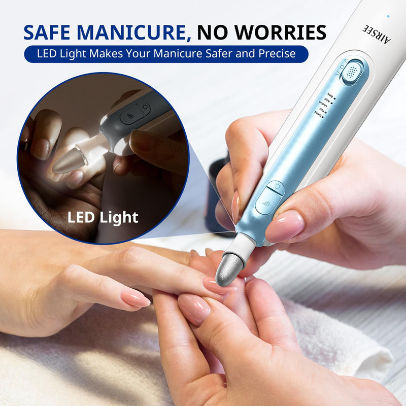 AIRSEE Professional Manicure Pedicure Kit,Cordless 6 in 1 Electric Nail File for feet,5 Speed Rechargeable Pedicure Tools for Thick Nail Toenail Cuticle, Hand Feet Trimmer Buffer for Women Men,Blue Blue