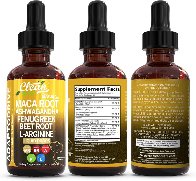 Clean Nutra Organic Maca Root Liquid Drops with Ashwagandha, Fenugreek, Beet Root and L-Arginine Liquid Multivitamin for Women and Men - Adapto Drive 1