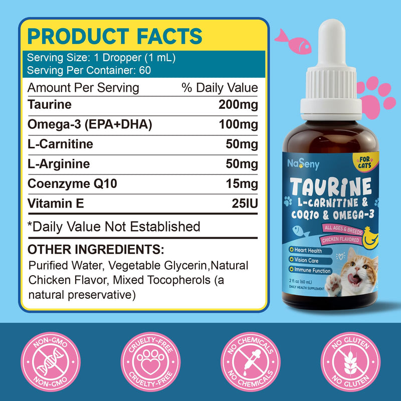 Taurine Drops for Cats - Liquid Cat Taurine Supplement, Supports Heart, Vision, Energy & Vitality, Immune System Health, with CoQ10, Omega-3, L-Carnitine, L-Arginine & Vitamins, 60ML