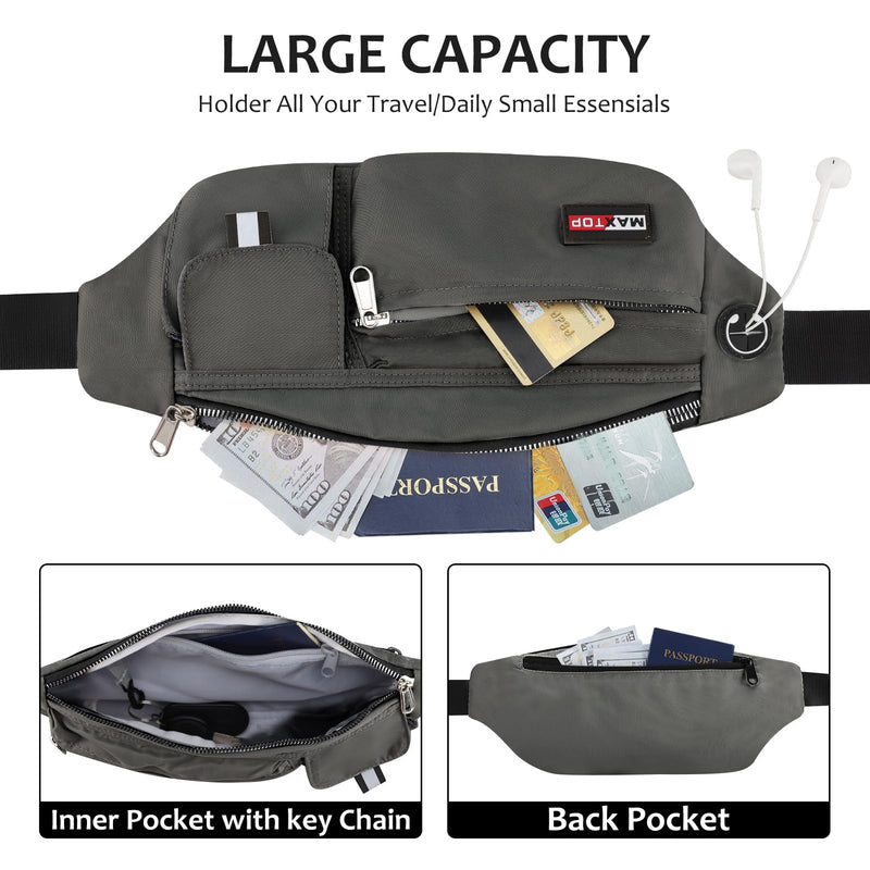 MAXTOP Large Crossbody Fanny Packs for Men Women with Headphone Jack and 5-Zipper Pockets Adjustable running belt for Outdoors Yoga Traveling Casual Running Hiking Dark Grey