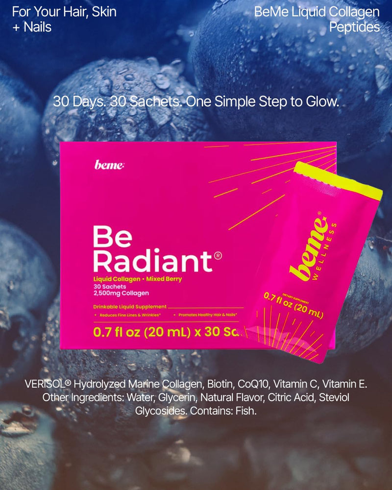 BeMe Glow – VERISOL Marine Collagen, Skin, Hair & Nails, Mixed Berry | 2,500mg per sachet + biotin | 15-day supply | No added sugar | Third-party tested