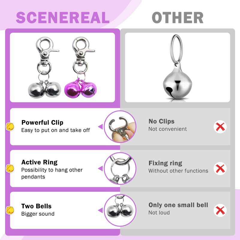 SCENEREAL Bells for Dog Collars - 2 Pack Pet Hanging Ring Bell Accessories for Dog & Cat, Pet Pendant Collar Charm with Heavy Duty Snap Clips, Sliver Bells for Tracking and Training Christmas Gift Silver & Purple - BeesActive Australia