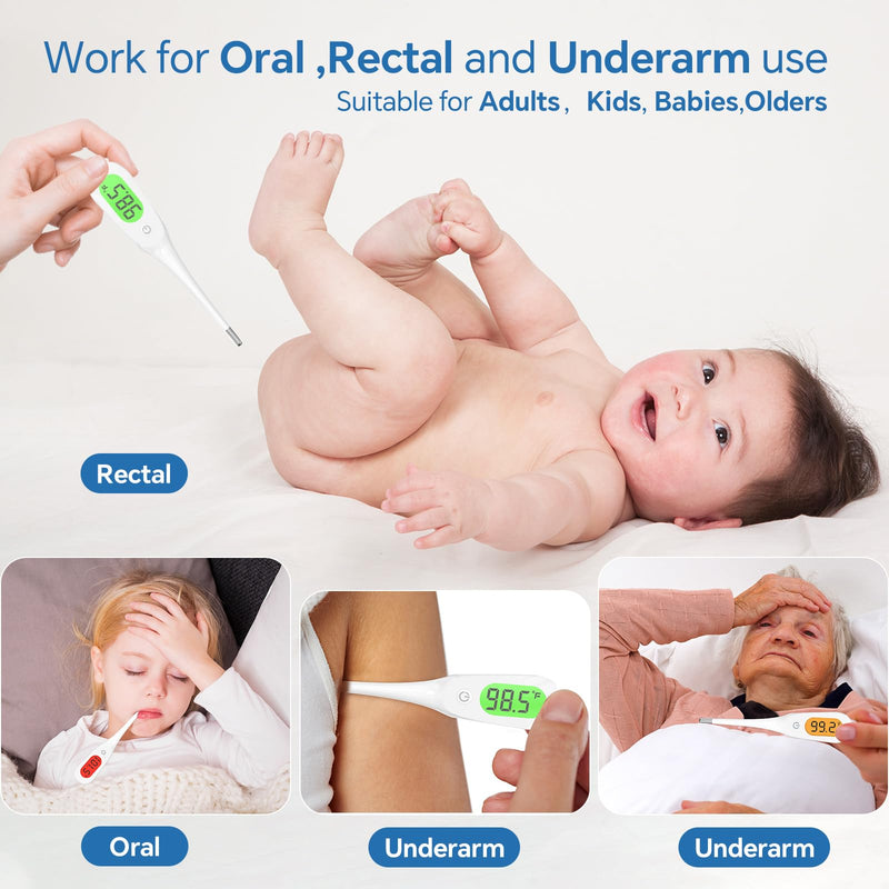 8 Seconds Digital Oral Thermometer for Adults and Kids, Accurate Baby Thermometer with Fever Alarm and 3 Color Backlit Medical Basal Thermometer for Rectal, Underarm