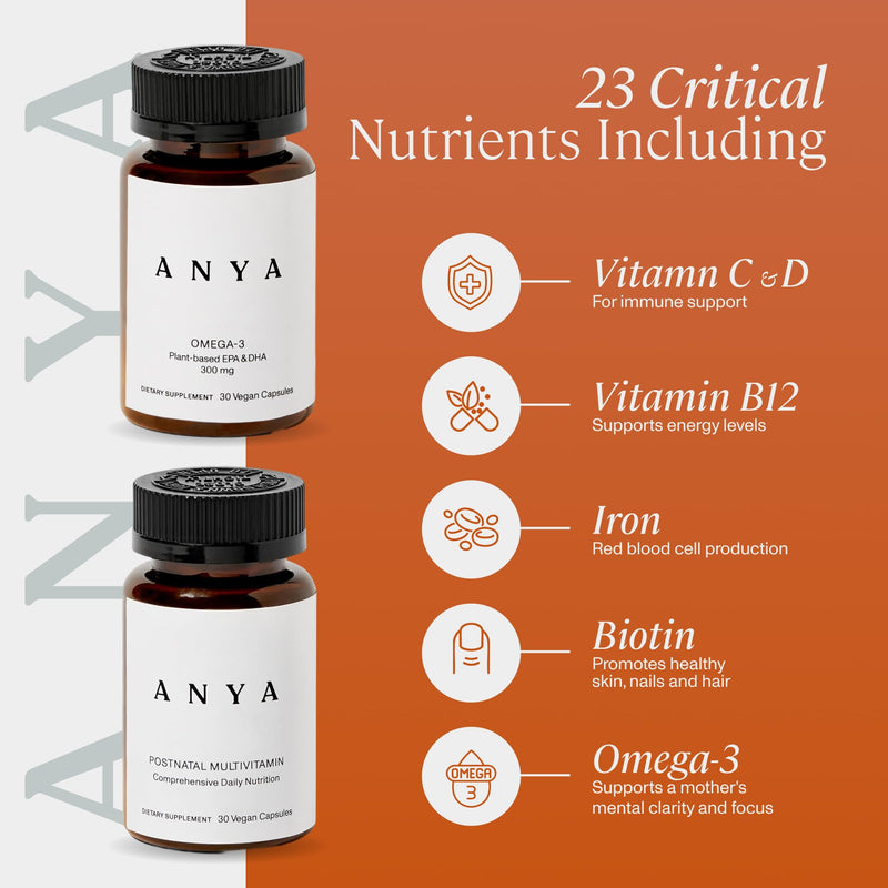 ANYA Postnatal Vitamin Bundle, Multivitamin for Postpartum, Vegan | Multivitamin with vitamins C, D, B12, zinc, omega-3 DHA & EPA. Vegan, non-GMO, gluten-free formula 1 Count (Pack of 2)