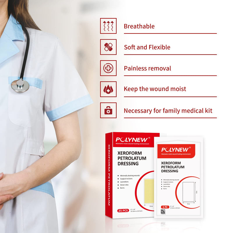 Xeroform Petrolatum Dressing 5"x9", 25 PCS Non-Adherent Gauze for Low Exudating Wounds, Fine Mesh Gauze Pads for Burns, Abrasions, Lacerations, Skin Grafts and Surgical Incisions 5" x 9" (Pack of 25)