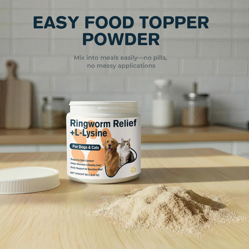 Ringworm Treatment for Dogs & Cats + L-Lysine, Skin & Coat Support Powder, Helps Reduce Scratching, Itching & Patchy Coat, with Fish Oil, Beta-Glucan, Turmeric, Zinc & Biotin, 60 g