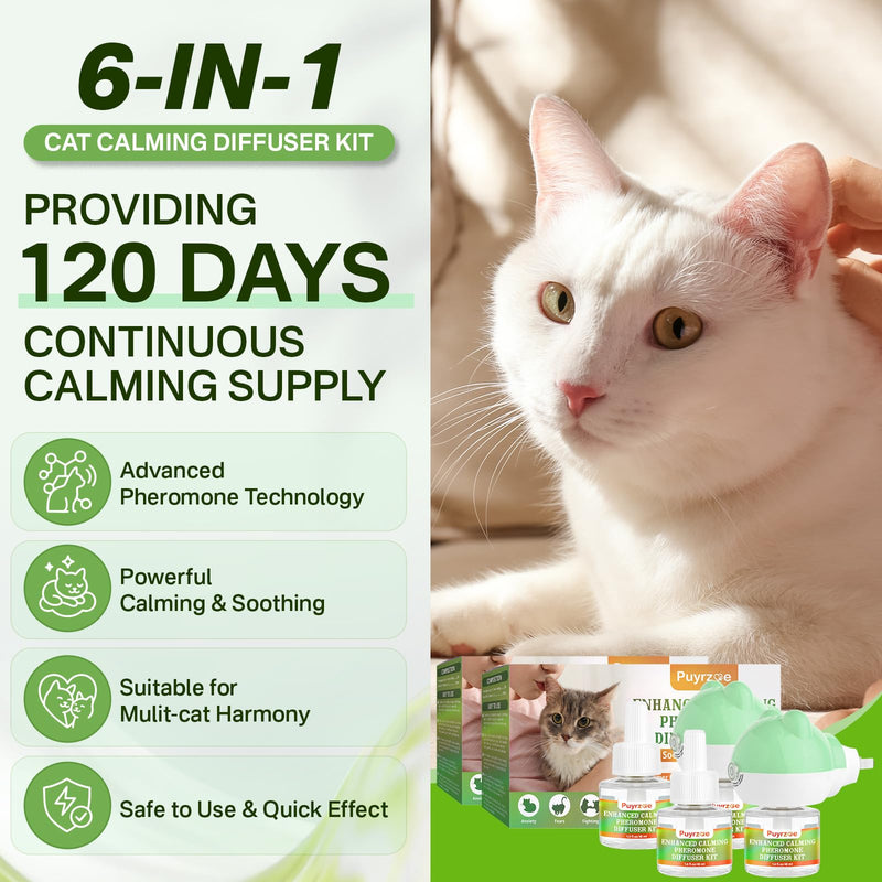 puyrzoe Cat Calming Diffuser with 3 Timing Functions, 6-in-1 Cat Pheromones Calming Diffuser Kit, 120-Day Anxiety Relief, Stress Reduction & Relaxation for All Cats (2 Diffusers + 4 Refills) 2 Diffuser + 4 Refill