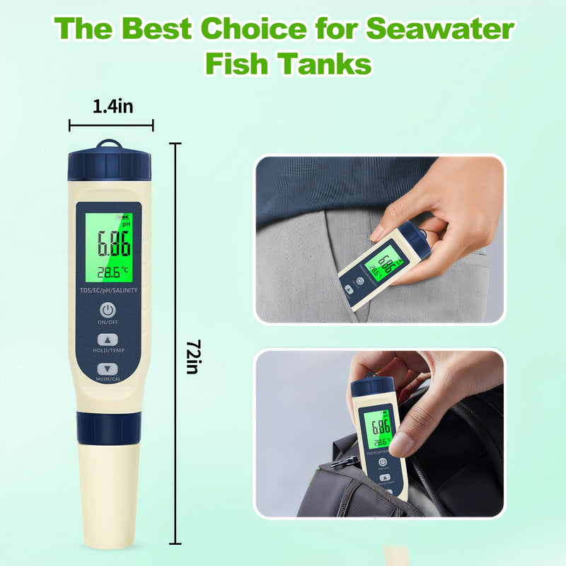 Pious PH Tester Digital, 5 in 1 PH Meter for Water/Salinity Meter/tds/ec/Thermometer, Pool Salt Tester with Constant Temperature Compensation, Suitable for Drinking Water Swimming Pools Aquariums Blue - BeesActive Australia