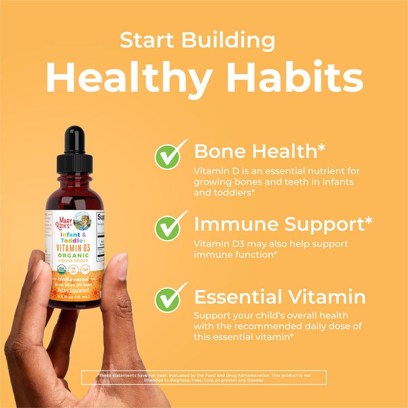 MARYRUTH'S USDA Organic Vitamin D3 Drops, Vegan, Sugar Free | Immune Support, Gluten Free, Non-GMO, 90-150 Servings Infant & Toddler