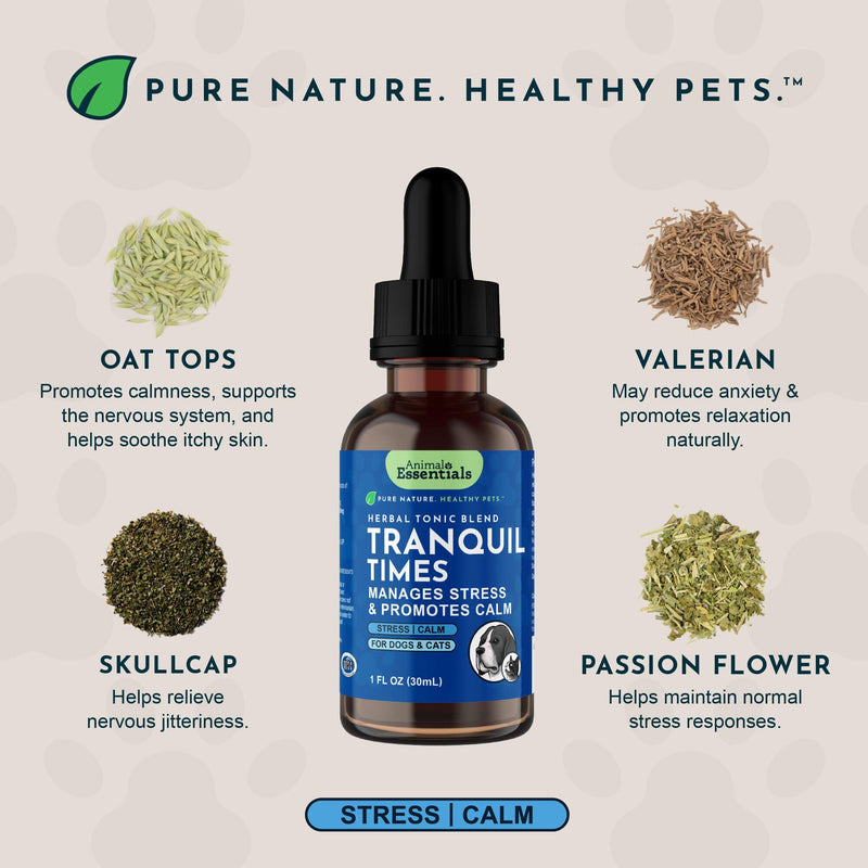 Animal Essentials Tranquility Blend - Valerian Root for Dogs & Cats, Organic Calming Drops for Dogs & Cats, Natural Pet Care Supplement to Relax & Sleep, Herbal Calm Support - 1 Fl Oz 1 fl oz (30 ml)