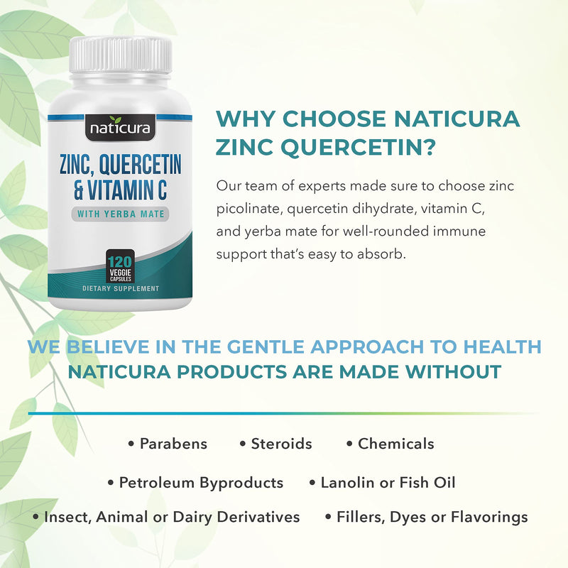 Naticura Zinc Quercetin Immune Support Supplement with Vitamin C 120 Caps | High Absorption Zinc Picolinate, Vitamin C and Zinc, CoQ10 Formula for Immune Support, Heart, Lung, Brain Health, Made in USA