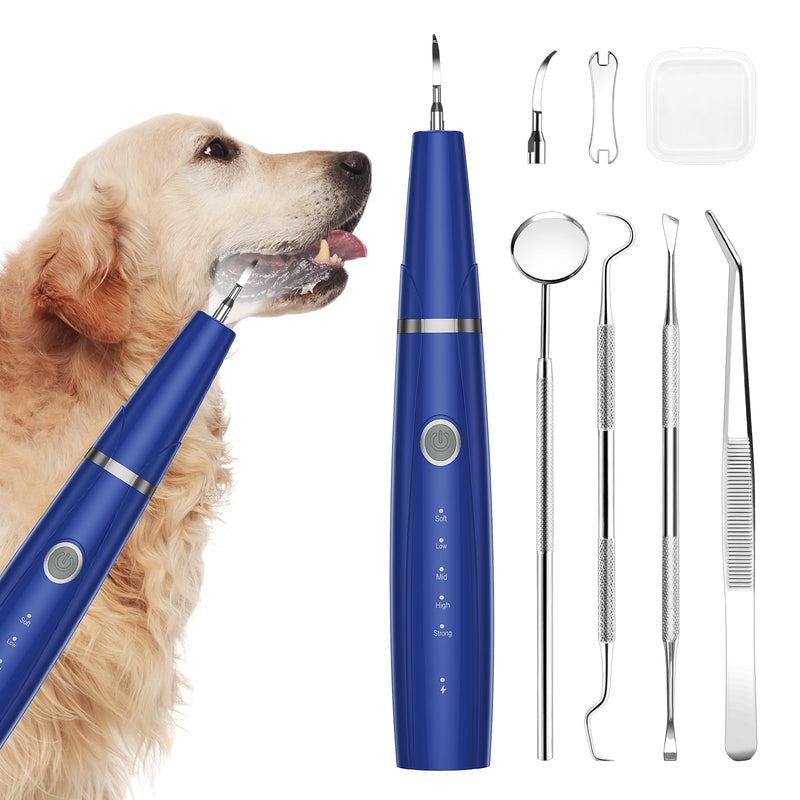 Upgraded Plaque Remover for Teeth, Electric Pet Teeth Cleaning Kit, USB Charging Dog Tooth Brushing Kit, 5 Modes, IPX6 Waterproof Pet Ultrasonic Toothbrush Cleaner for Dogs Cats (Blue) Blue
