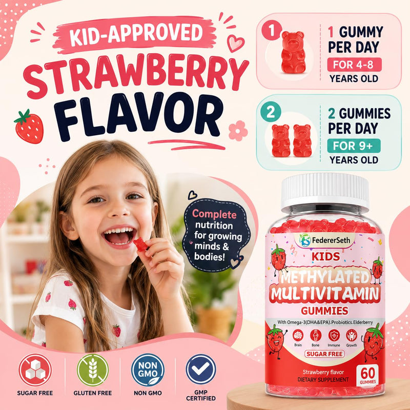 Kids Multivitamin Gummies for Picky Eaters, Methylated Multivitamin for Kids 4+ with Omega 3 DHA EPA, Methylfolate B12, Probiotics, Elderberry, Calcium D3 K2, 0g Sugar, Brain Immune Bone, 60 Ct 60 Count (Pack of 1)