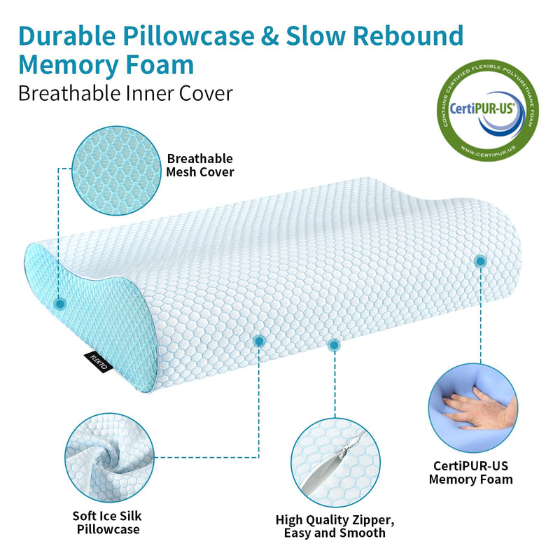 Memory Foam Pillows , Neck Pillow Queen Size Bed for Sleeping , Ergonomic Cervical Support Side Back Stomach Sleeper , Orthopedic Contour and Shoulder Pain Blue Queen(23.6*14*4.9inches)