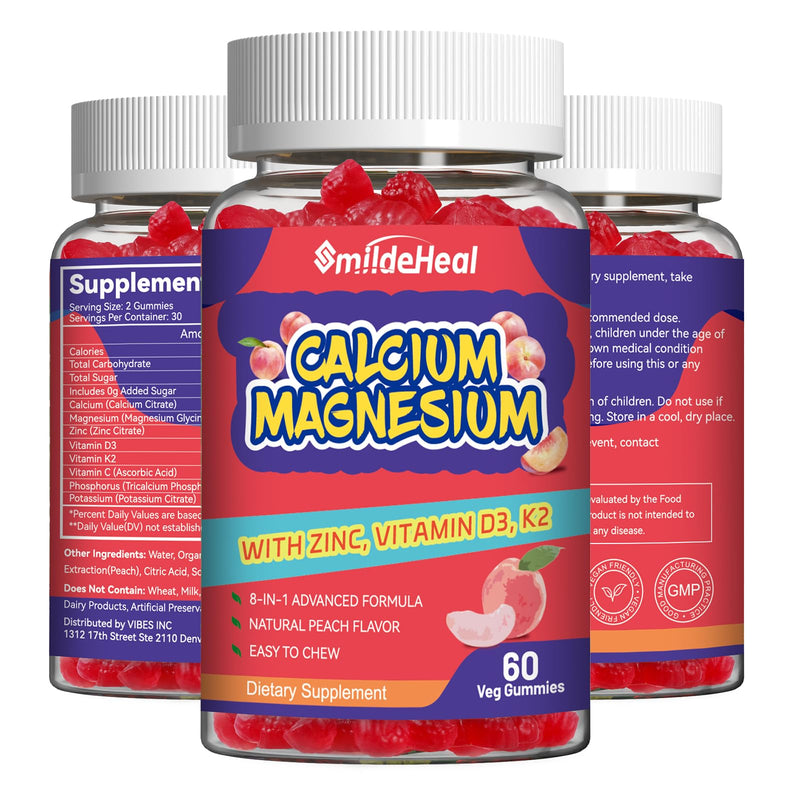 Calcium Magnesium Gummies1000MG, Calcium Magnesium Zinc Gummies with Vitamin D3 - High Absorption Complex Calcium Supplement, Vegan, 60 Counts 60 Count (Pack of 1)