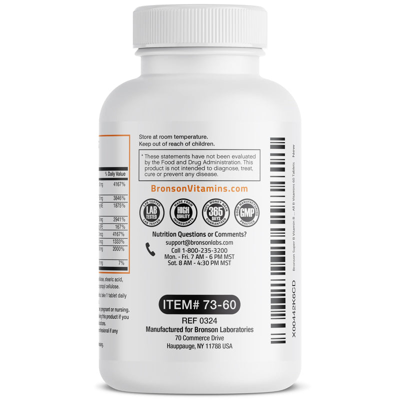 Bronson Super B Vitamin B Complex Sustained Release for Energy, 60 Tablets | B1, B2, B3, B6, Folic Acid, B12, Biotin & Pantothenic Acid, One-Tablet Formula, Non-GMO, Gluten-Free & Soy-Free 60 Count (Pack of 1)