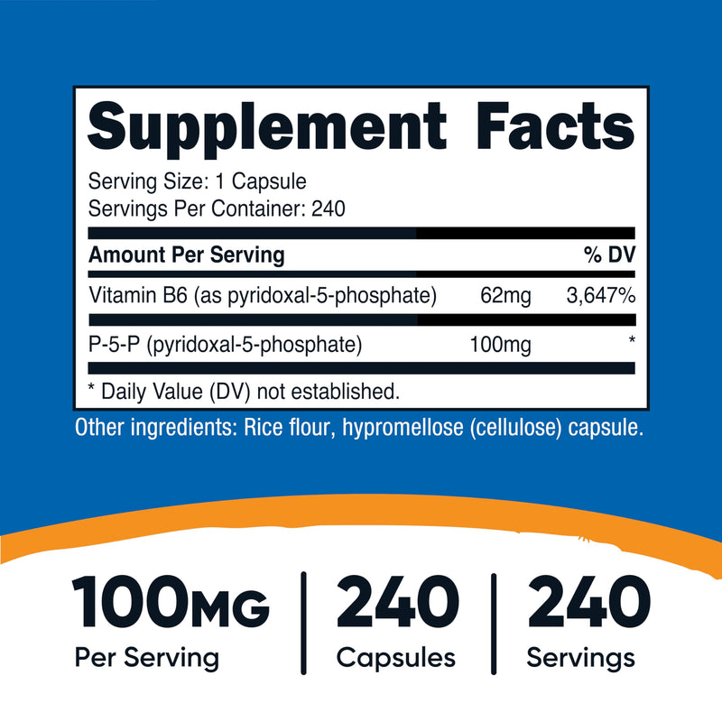 Nutricost P5P Vitamin B6 Supplement 100mg, 240 Capsules, Gluten-Free | Pyridoxal-5-Phosphate, Vegetarian Friendly, GMO-Free 240 Count (Pack of 1)