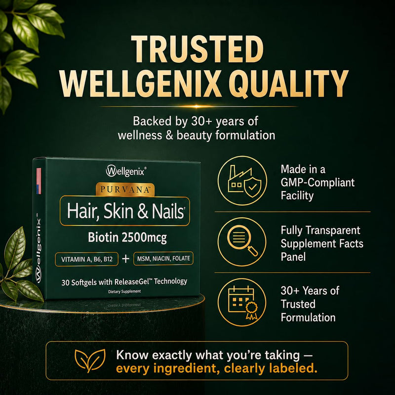 Wellgenix Purvana Hair Skin and Nails Supplement – 2500mcg Biotin Softgels with MSM & B-Complex – Daily Beauty Support for Stronger Nails & Hair Vitality – 30 Softgels | MSM, alpha lipoic acid & grape seed softgels for thicker-looking hair, stronger-lo...