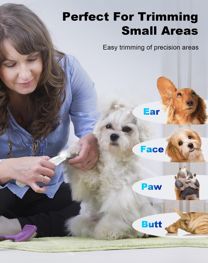 Dog Paw Trimmer for Grooming, Cordless Electric Dog Clippers with LED Light, Rechargeable Low Noise Small Pet Shaver for Trimming Cat's Hair Around Eyes, Faces, Ears, Paws, Rump(White) White - BeesActive Australia