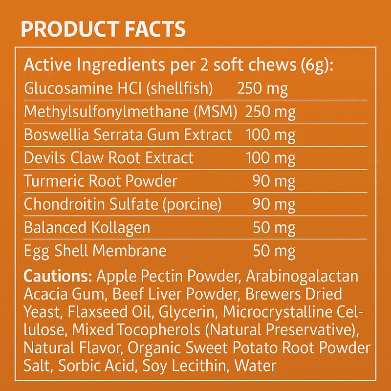 Hip & Joint Soft Chews for Dogs –Glucosamine, MSM, Turmeric & Collagen –Joint Support Supplement for Mobility, Flexibility & Comfort –60 Count