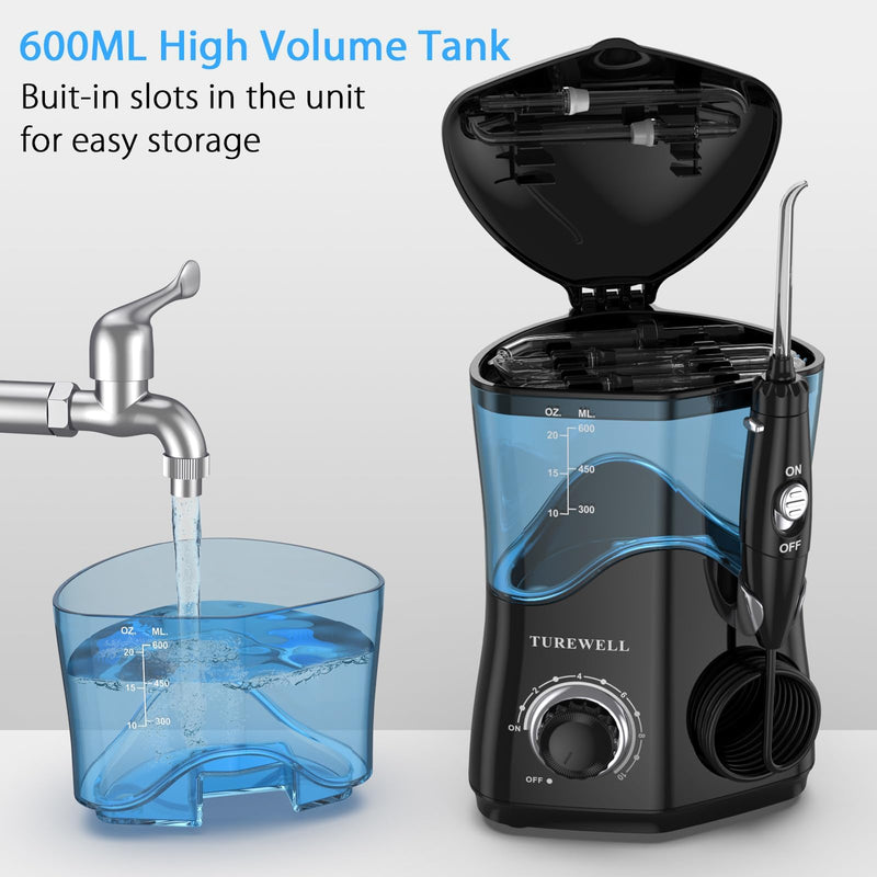 TUREWELL Water Dental Flosser for Teeth/Braces, Water Teeth Cleaner 8 Jet Tips and 10 Pressure Levels, 600ML Large Water Tank Oral Irrigator for Family(Black) Black