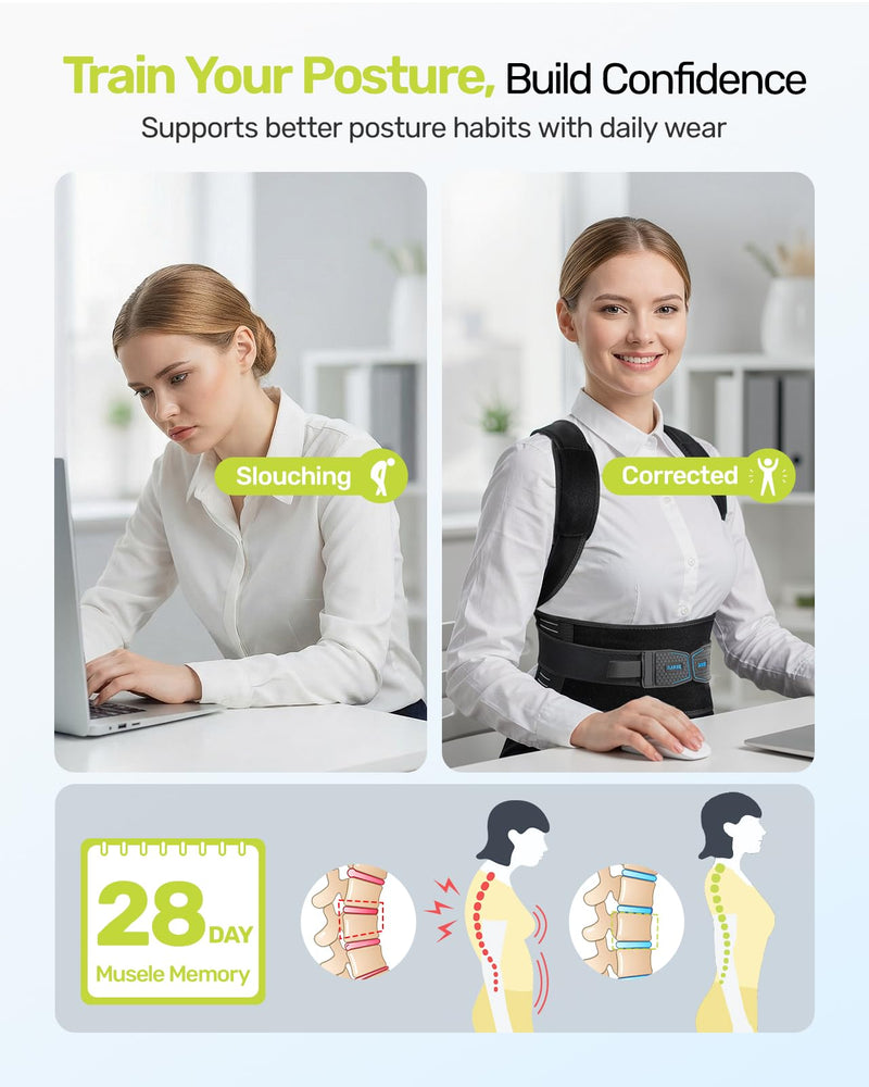 Rakiie Posture Corrector for Women and Men, Upgraded Back Brace with Enhanced Support, Shoulder Straightener with Cushioned Shoulder Pads & Underarm Pain Relief Strap, Blue L