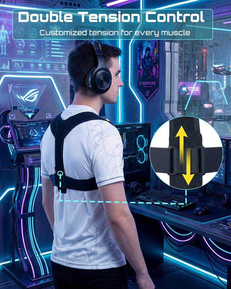 Hypoke® Gamer Back Posture Corrector for Men, Double Tension Control Upper Back Brace Posture Corrector, Ultra-Thin Breathable Alignment Straightener for PC Players And Streamers - Blaze Black