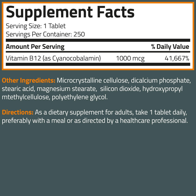 Bronson Vitamin B12 1000 mcg Once-Daily Formula, 250 Vegetarian Tablets | Energy Support, B12 as Cyanocobalamin, Daily Maintenance, 250-Day Supply, Vegan, Non-GMO, Gluten-Free & Soy-Free