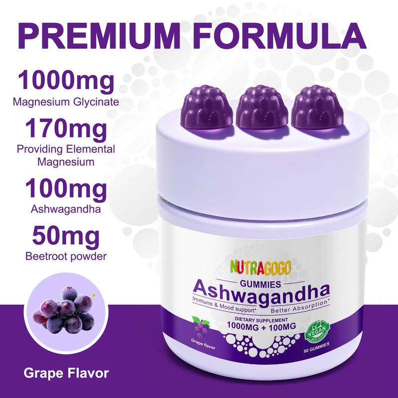 Ashwagandha Gummies & Vitamin D3 Gummies Organic Aswangdha Supplement for Improve Sleep, Stress Relief & Mood Calm (Grape Berry,Non-GMO, Gluten-Free & Sugar Free)-2 Pack 60 Count (Pack of 2) Grape