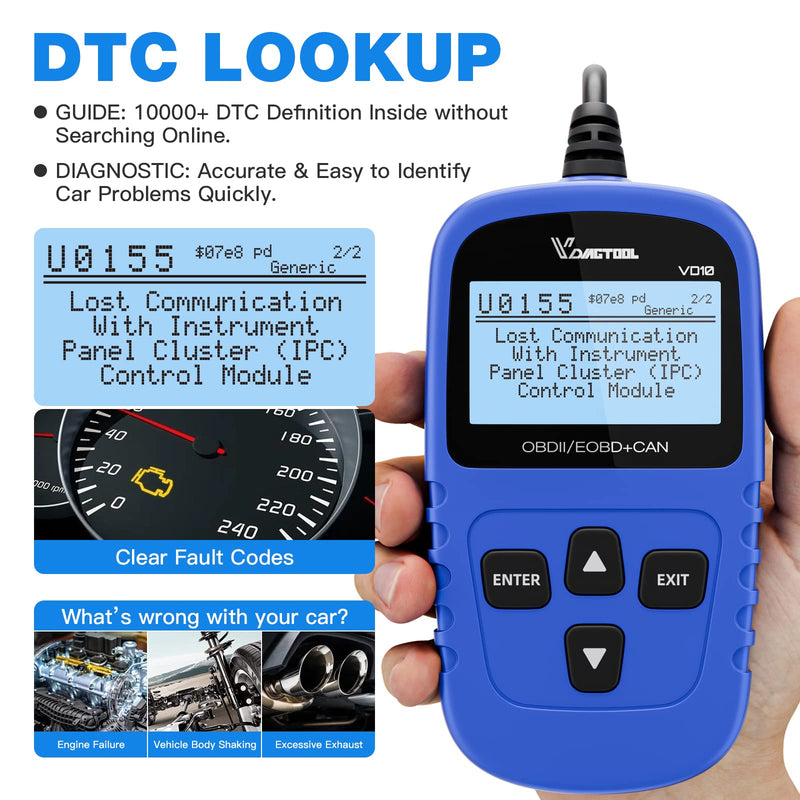 VDIAGTOOL VD10 OBD2 Scanner Code Reader Car Diagnostic Tool Engine Fault Code Reader for Turn Off CEL with Freeze Frame/I/M Readiness for All OBDII Protocol Cars, OBD2 Scanner Diagnostic Tool Blue - BeesActive Australia