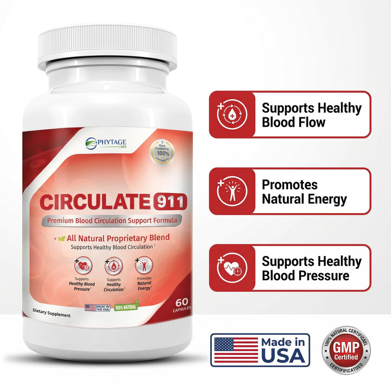 Circulate 911 – Premium Blood Flow Support Supplement – Natural Antioxidant Formula with Hawthorne, Olive Leaf & Green Tea – Supports Healthy Blood Pressure & Natural Energy – 60 Capsules