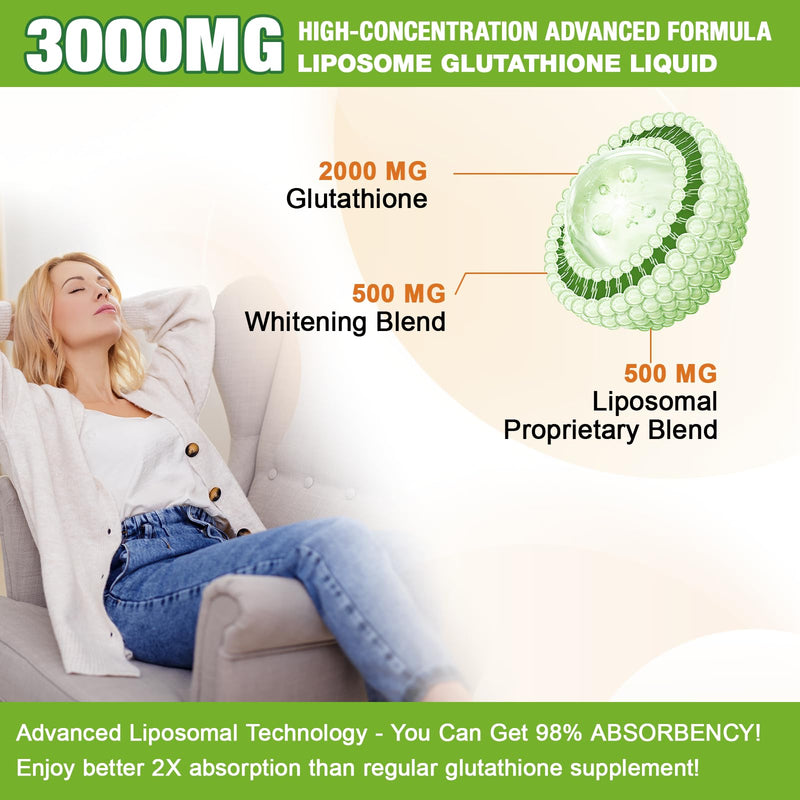 2 Pack 3000mg Liposomal Glutathione Liquid Drops, 98% Absorption Liposomal Glutathione with Vitamin C for Women, Glutathione Liposomal Supplement, Powerful Antioxidant Complex for Immune System, Liver