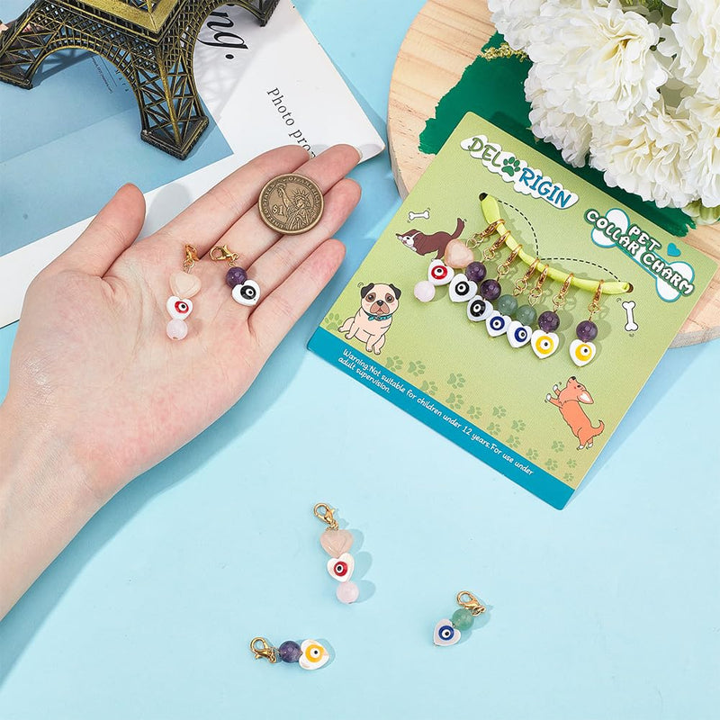 DELORIGINl 12pcs Evil Eye Pet Collar Charms Pendants Heart Shaped Round Evil Eye Gemstone Collar Charms Cat Dog Collar Pendant Decorative Keychain Versatile for Pet Collar Bracelet - BeesActive Australia