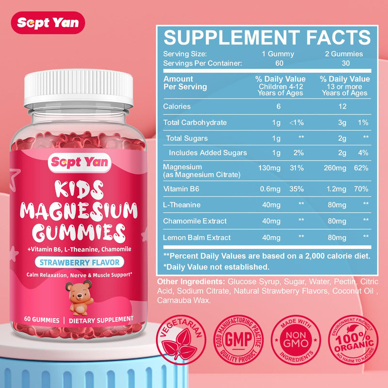(2 Pack) Magnesium Gummies for Kids - Magnesium Citrate Supplement with Vitamin B6, L-theanine, Chamomile & Lemon Balm - Calm Magnesium for Kids & Adults Sleep, Relaxation - Strawberry,120 Gummies 120 Count (Pack of 1)