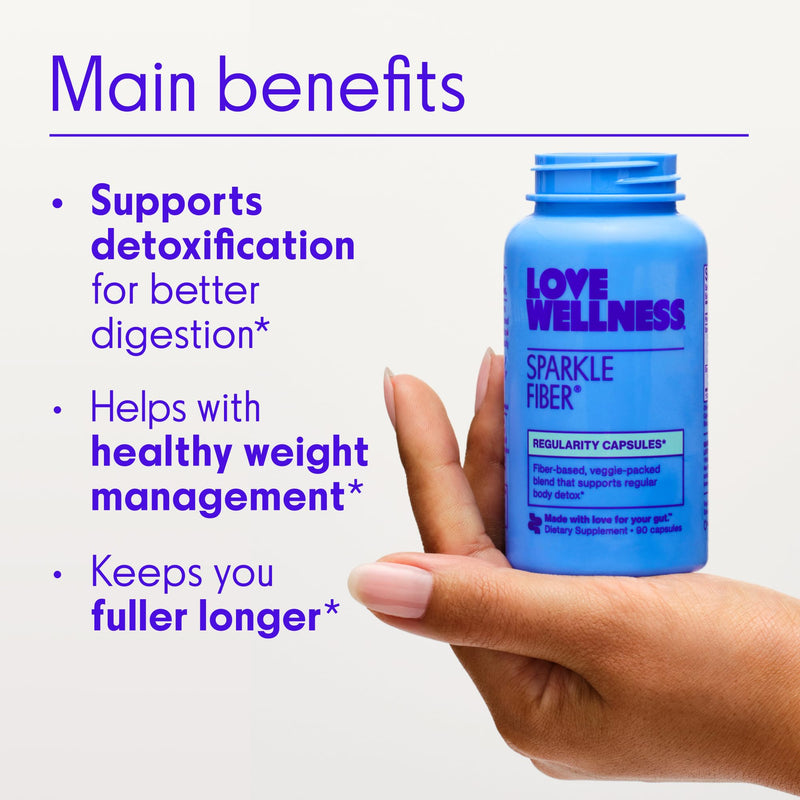 Love Wellness Sparkle Fiber| Fiber Supplement with Digestive Enzymes| 90 Ct | Contains psyllium husk, greens superfood blend, Flax & chia seeds, Fiber-rich veggies, Clean formula, Non-GMO, gluten-free